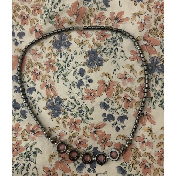 Hematite Pink Cat’s Eye Beaded Necklace 19” Swivel Beads Pre Owned Metal Glass - Picture 3 of 7
